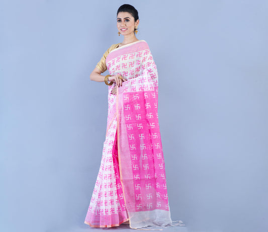 Printed Handloom Saree - White & Pink - ArtisanSoul