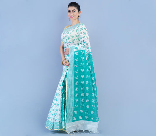 Handloom Printed Saree - Whit & Sky Blue - ArtisanSoul