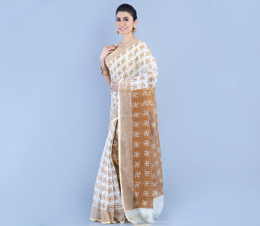 Handloom Printed Saree - White & Golden - ArtisanSoul