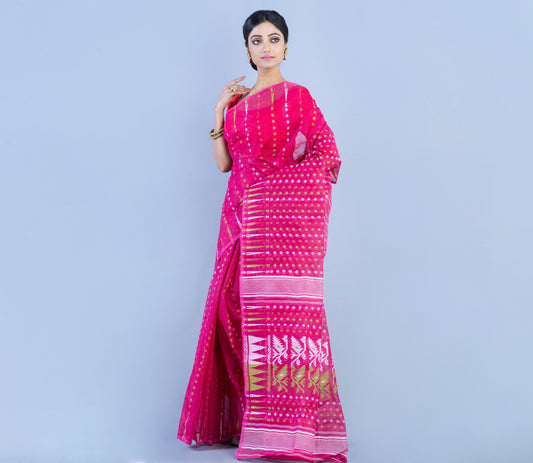 Handloom Jamdani Saree with all body Work - Dark Pink - ArtisanSoul
