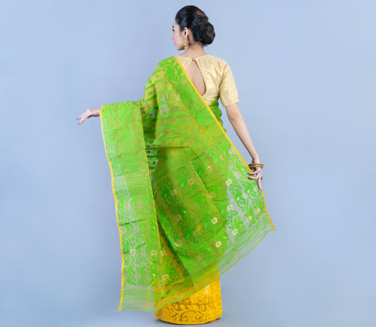 Handloom Jamdani Saree with all body Work - Yellow & Green - ArtisanSoul