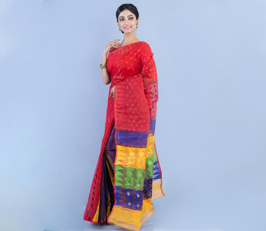 Handloom Jamdani Saree - Blue & Yellow on Red - ArtisanSoul