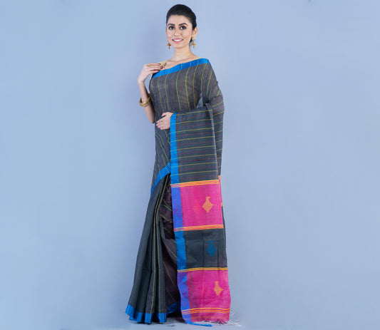 Handloom Cotton Silk Saree - Dark Gray With Pink Anchal - ArtisanSoul