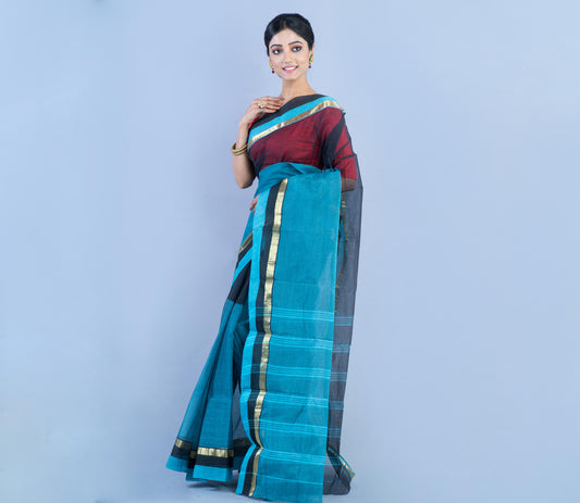 Tant Saree - Blue and Black - ArtisanSoul