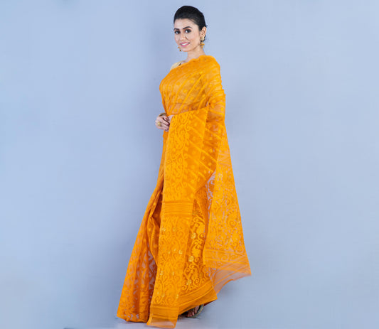 Handloom Jamdani Saree with all body Work - Chrome Yellow - ArtisanSoul