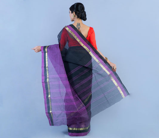 Tant Saree - Black & Violet - ArtisanSoul