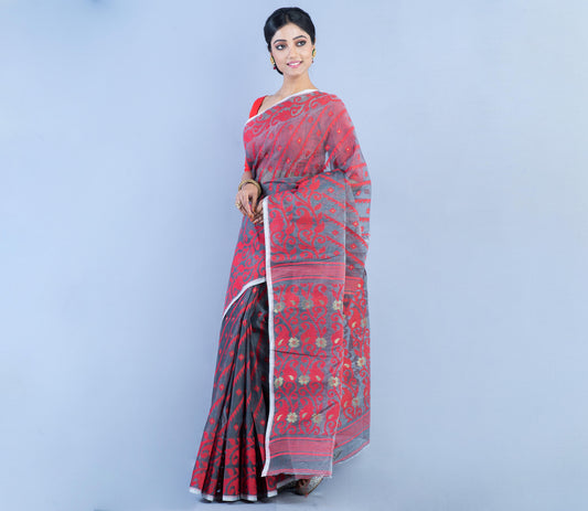 Handloom Jamdani Saree with all body Work - Red on Grey - ArtisanSoul