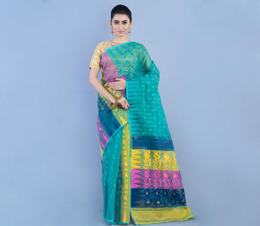 Handloom Jamdani Saree - Blue & Pink on Cyan Blue - ArtisanSoul