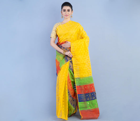 Handloom Jamdani Saree - Red & Green on Yellow - ArtisanSoul