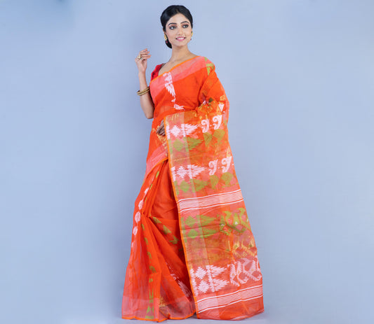 Handloom Jamdani Saree - Orange & White - ArtisanSoul