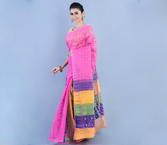 Handloom Jamdani Saree- Blue and Yellow on Pink - ArtisanSoul