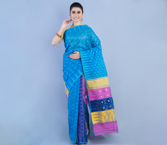 Handloom Jamdani Saree- Pink & Yellow on Blue - ArtisanSoul