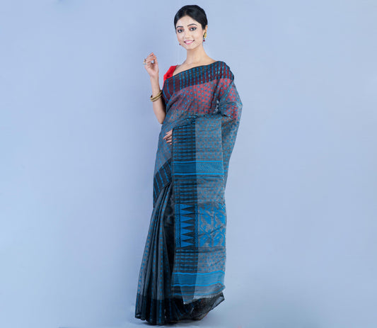 Handloom Jamdani Saree with all body Work - Blue on Black - ArtisanSoul