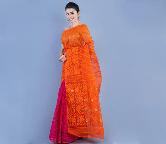 Handloom Jamdani Saree All Body Work - Orange & Pink - ArtisanSoul