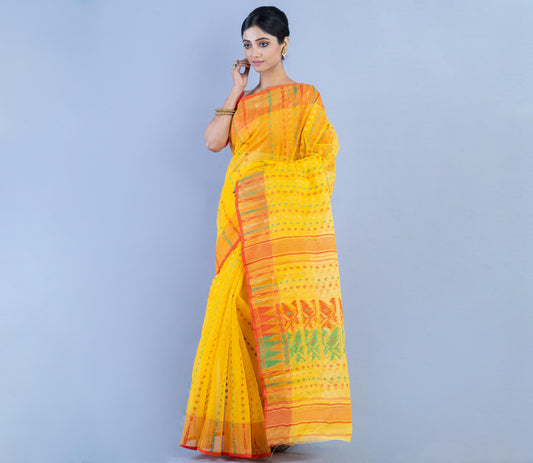 Handloom Jamdani Saree with all body Work - Red & Green on Yellow - ArtisanSoul