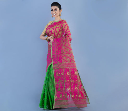 Handloom Jamdani Saree with all body Work - Purple & Green - ArtisanSoul