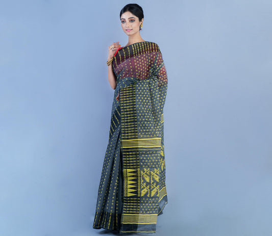 Handloom Jamdani Saree with all body Work - Light Yellow on Black - ArtisanSoul