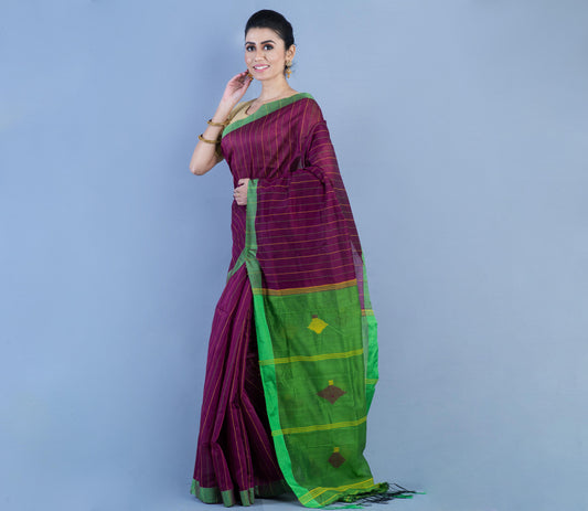 Handloom Cotton Silk Saree - Violet & Green - ArtisanSoul