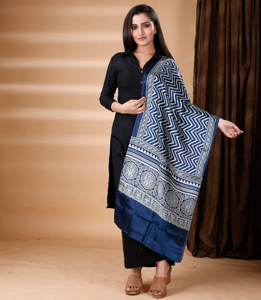 Ajrakh Print Modal Silk Stole From Bengal - Blue - ArtisanSoul