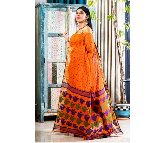 Handloom Tant Saree - Blue & Green thread Work On Orange - ArtisanSoul