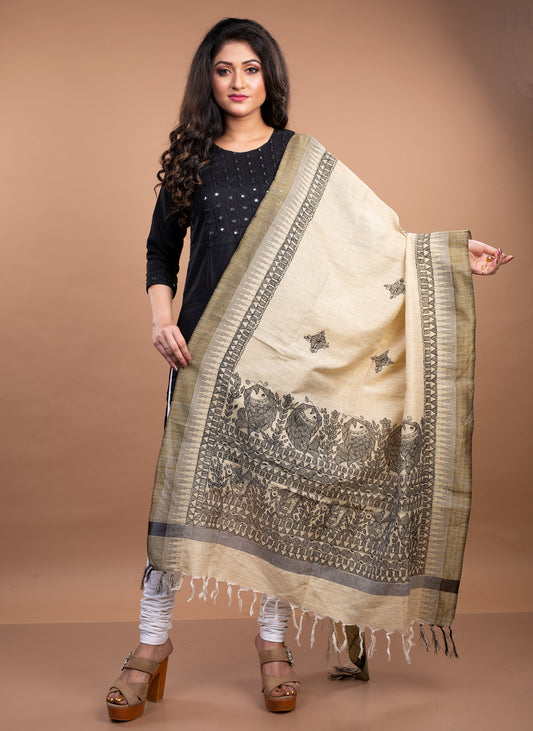 Madhubani Painting Dupatta From Bihar - Black on Beige - ArtisanSoul