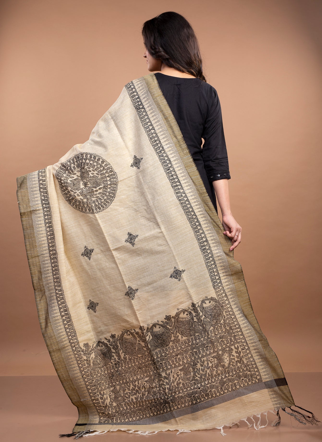 Madhubani Painting Dupatta From Bihar - Black on Beige - ArtisanSoul
