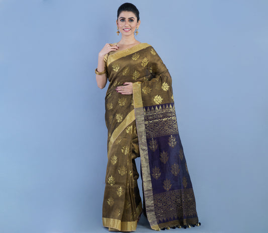 Handloom Linen Jamdani Saree - Olive and Blue - ArtisanSoul