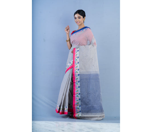 Handloom Tant Saree With Lotus Design on Par - Pink & Blue on White - ArtisanSoul