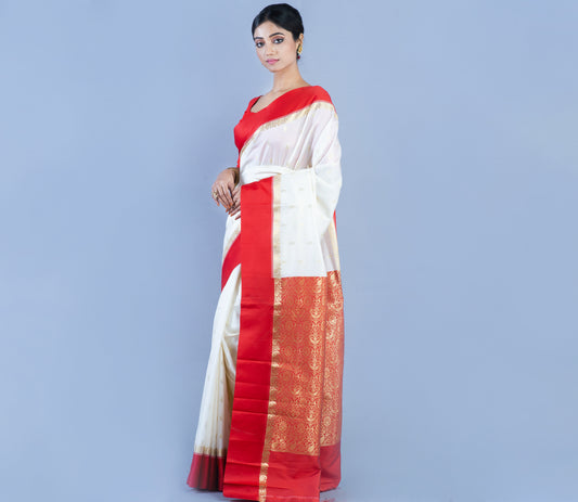 Handloom Garod Saree - White with Red Par & Anchal - ArtisanSoul