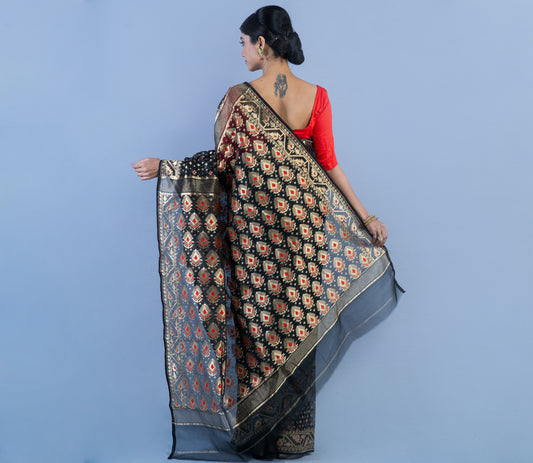 Muslin Silk with Minakari Design - Black - ArtisanSoul