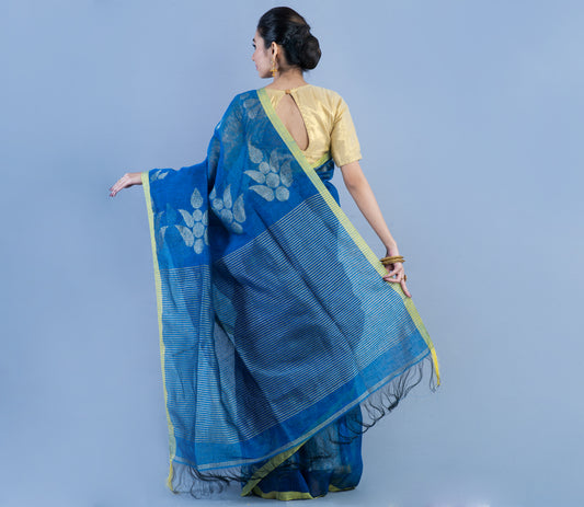 Linen Handloom Saree With Zari Work - Blue - ArtisanSoul