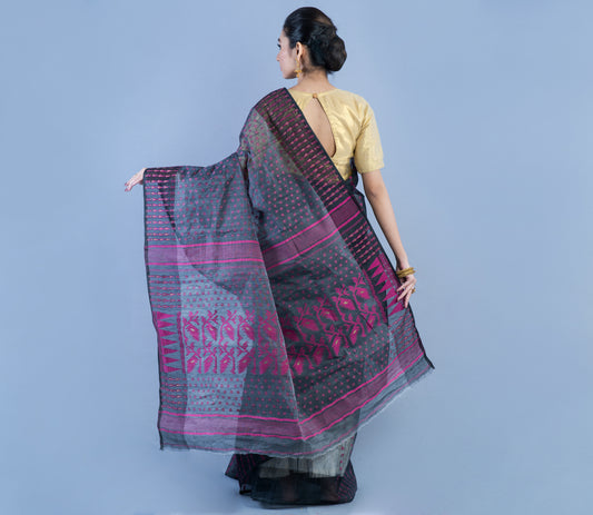 Handloom Jamdani Saree with All body Work - Pink & Black On Gray - ArtisanSoul
