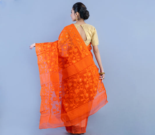 Handloom Jamdani Saree - Orange - ArtisanSoul