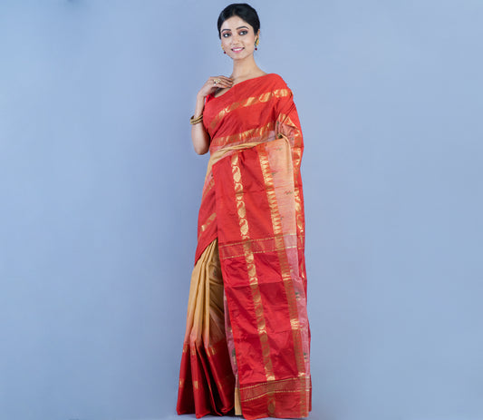 Handloom Tant Saree - Red and Vanilla - ArtisanSoul
