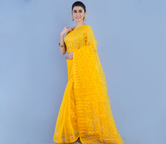Handloom Jamdani Saree - Yellow - ArtisanSoul