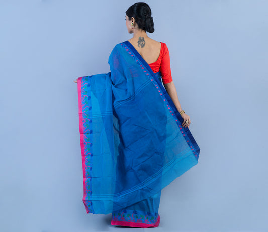 Handloom Tant Saree With Lotus Design on Par - Blue & Pink - ArtisanSoul