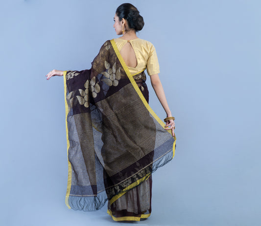Linen Handloom Saree - Black with Zari Work - ArtisanSoul