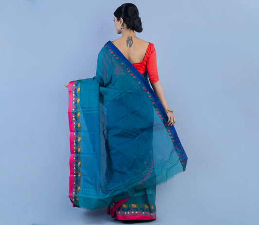 Handloom Tant Saree with Lotus Design on Par - Teal Blue & Pink - ArtisanSoul