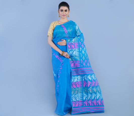 Handloom jamdani Saree - Sky Blue - ArtisanSoul