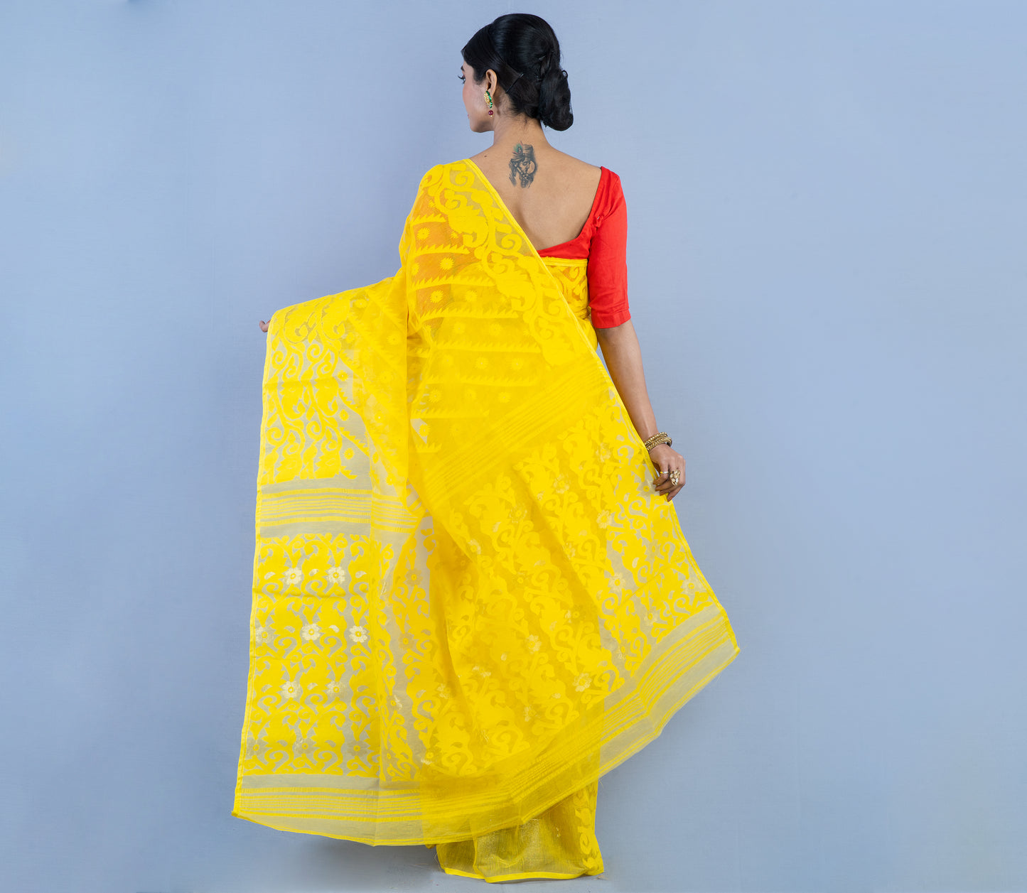 Handloom Jamdani Saree With All Body Work - Yellow - ArtisanSoul