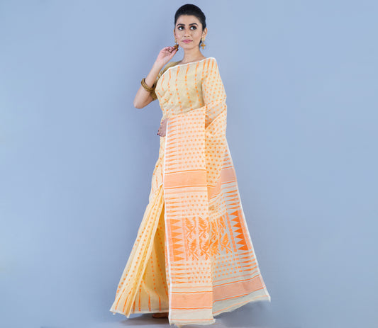 Handloom Jamdani Saree With all body Work - Orange On Vanilla - ArtisanSoul