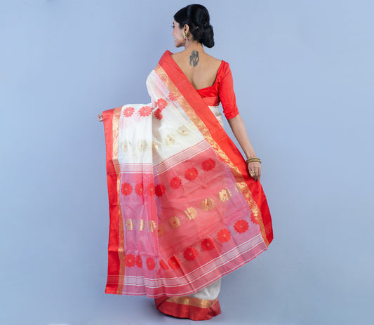 Handloom Saree - Red and White - ArtisanSoul