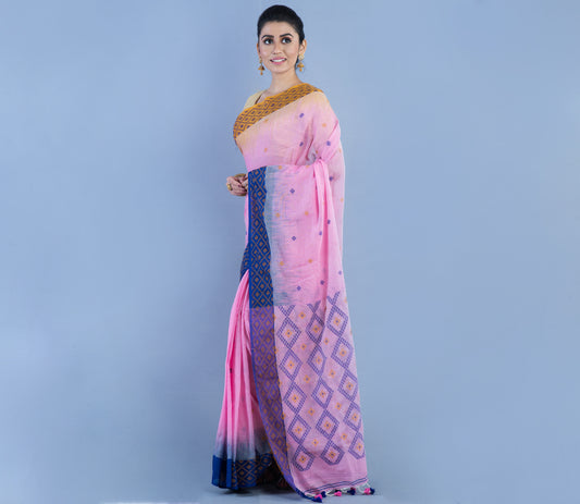 Neemki Kaj on Handloom Saree - Brown & Blue Par On Pink - ArtisanSoul