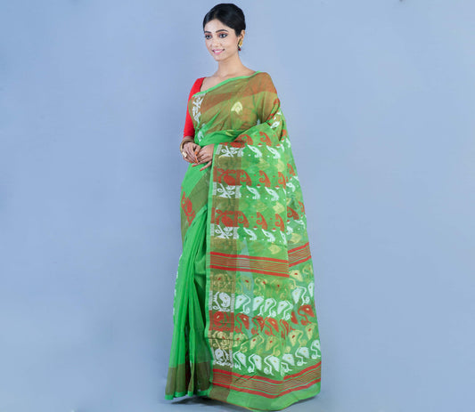 Handloom Jamdani Saree - Red & White On Green - ArtisanSoul