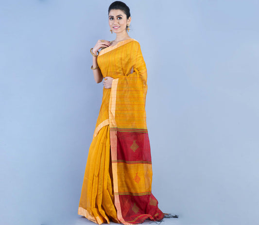 Handloom Saree - Mustard Yellow & Maroon - ArtisanSoul