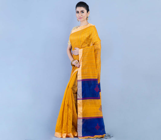 Handloom Saree - Mustard Yellow & Blue - ArtisanSoul