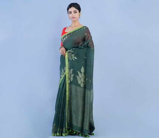 Handloom Linen Saree - Dark Green - ArtisanSoul