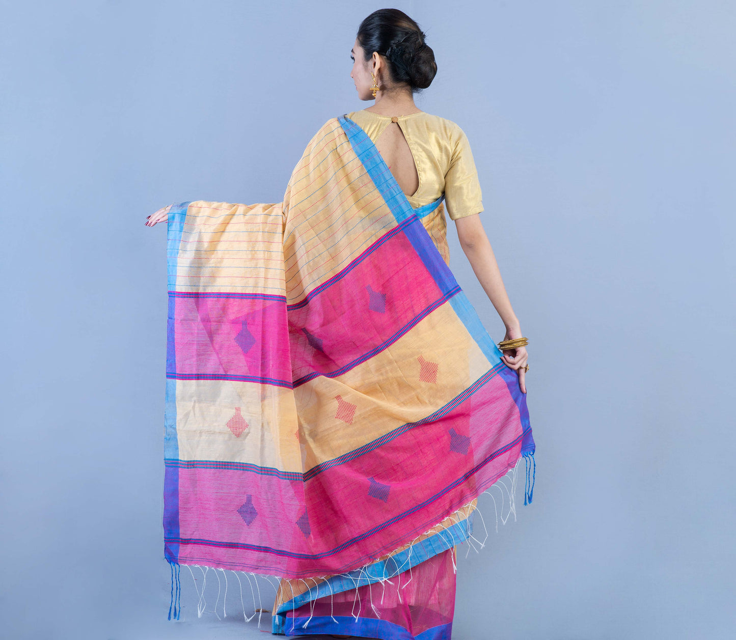 Handloom Cotton Silk Saree - Vanilla & Pink with Blue Par - ArtisanSoul