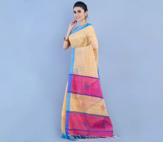 Handloom Cotton Silk Saree - Vanilla & Pink with Blue Par - ArtisanSoul