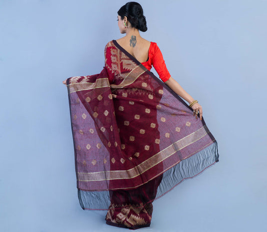 Handloom Linen Zamdani - Maroon - ArtisanSoul